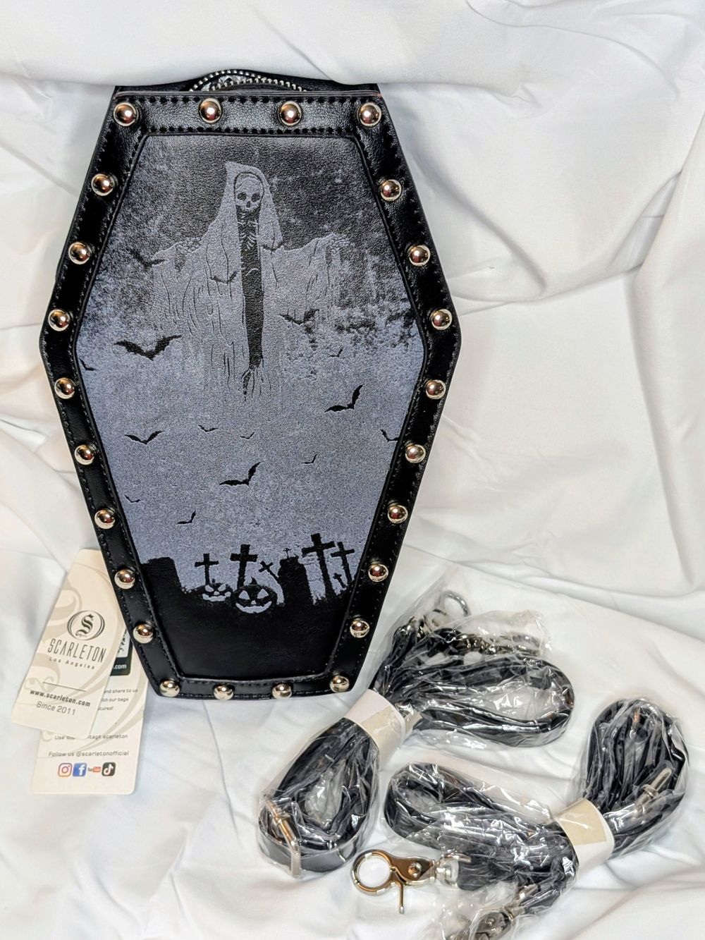 Black Coffin Crossbody Bag with Gothic Graveyard Print